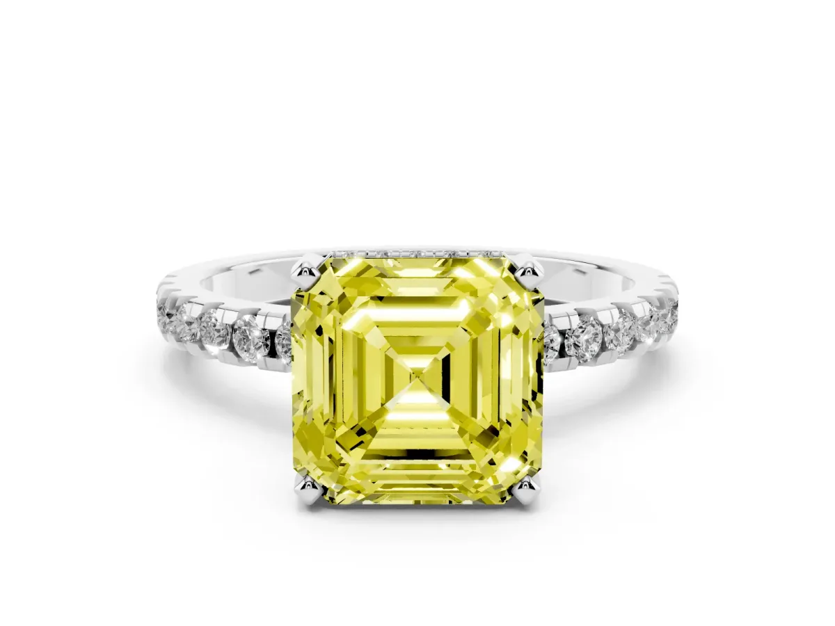 Fancy Yellow Asscher Cut Diamond Solitaire Ring with Round Pavé Band and Four-Prong Setting Silver