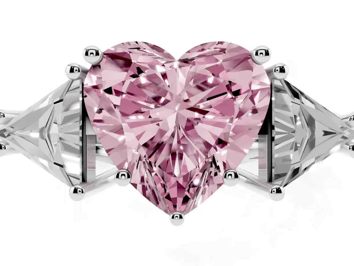 Fancy Pink Three-Stone Heart Cut Diamond Engagement Ring with Trillion Side Stones and Prong Setting Silver