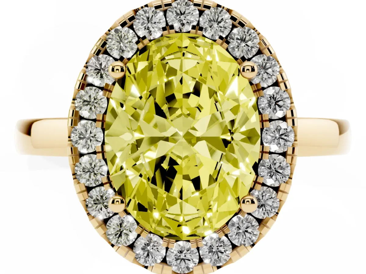 Fancy Yellow Oval Cut Halo Diamond Solitaire with Pavé Band and Four-Prong Setting Yellow gold