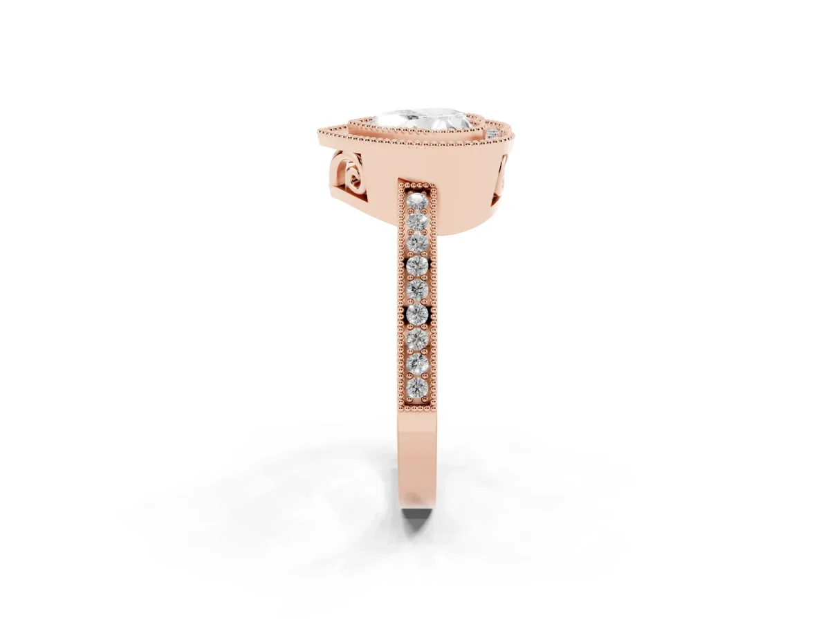 Heart Cut Cut Halo Diamond Ring with Pavé Band and Milgrain Prong Setting Rose gold