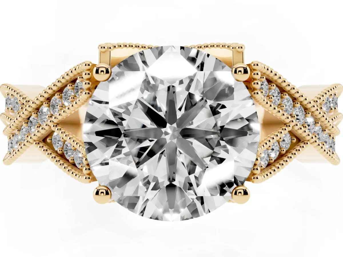 Round Cut Cut Diamond Twisted Band with Milgrain Pave Setting and Four-Prong Setting Yellow gold