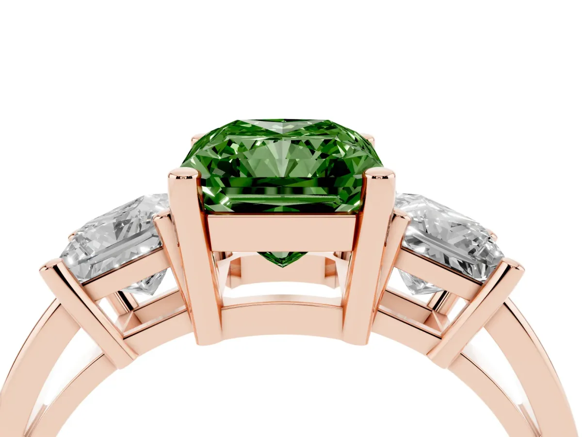 Fancy Green Three-Stone Radiant Cut Cut Solitaire Ring with Prong Setting Rose gold