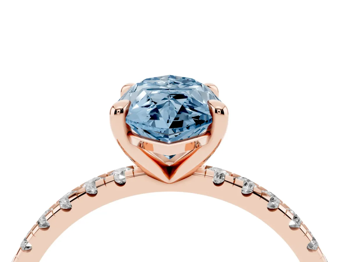 Fancy Blue Marquise Cut Diamond Brilliant Solitaire Ring with Pavé Band and Four-Prong Setting Rose gold