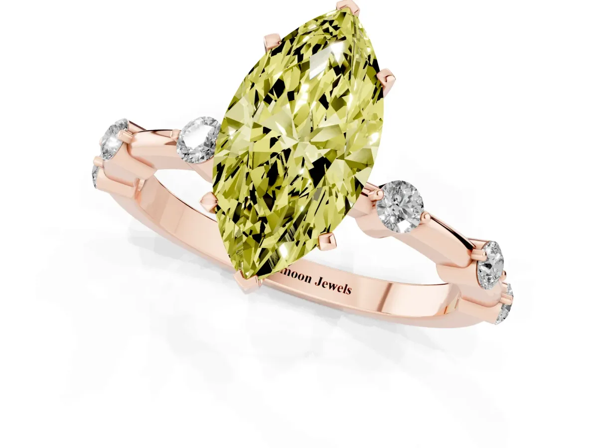 Fancy Yellow Marquise Cut Solitaire Diamond Ring with Bezel Set Side Stones and Prong Setting Rose gold