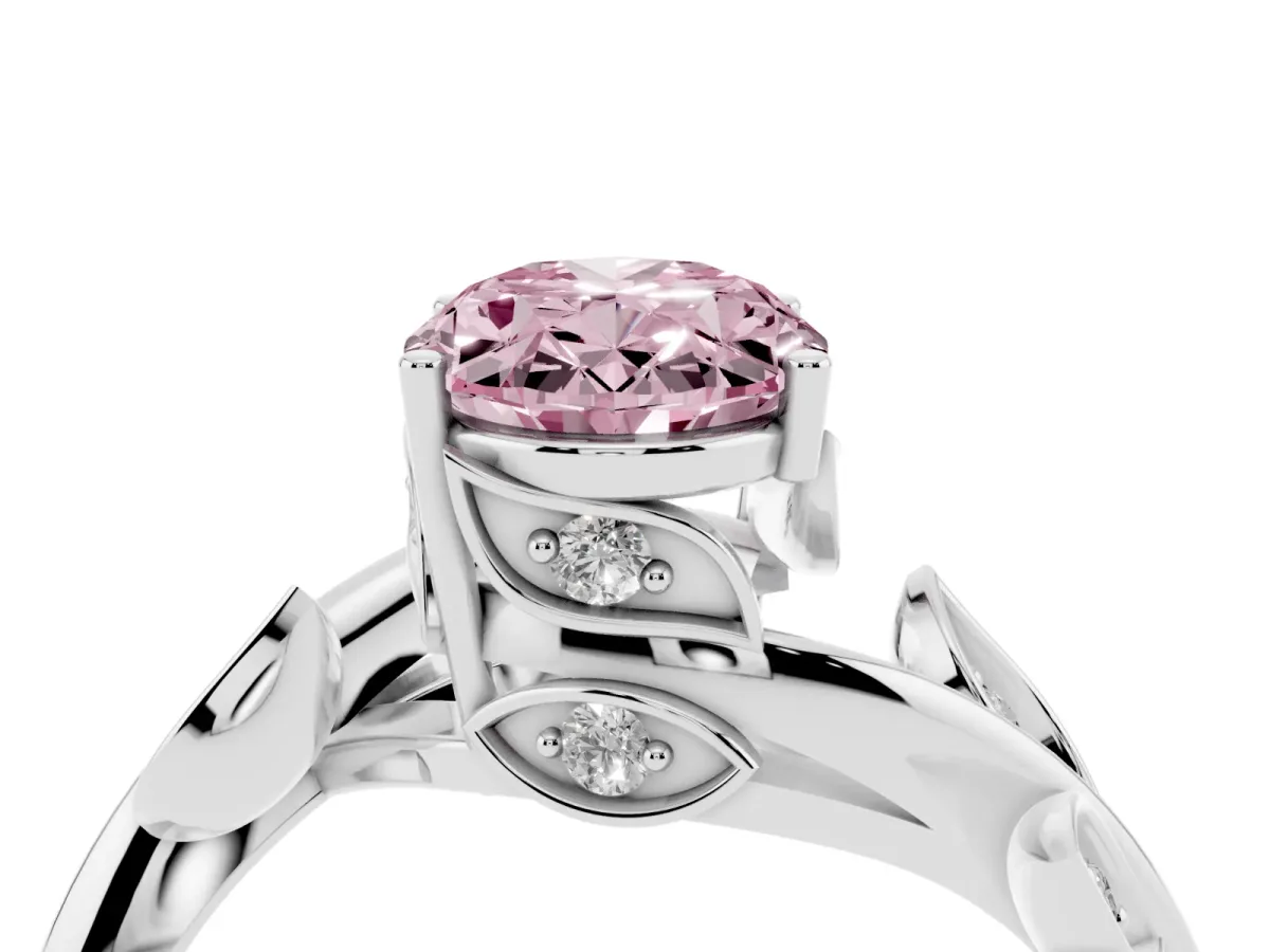 Fancy Pink Oval Cut Solitaire Twist Engagement Ring with Leaf Accents and Prong Setting Silver