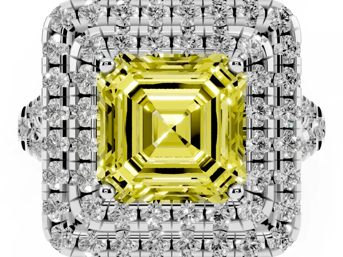 Fancy Yellow Double Halo Asscher Cut Diamond Pavé Split Shank Ring with Prong Setting Silver