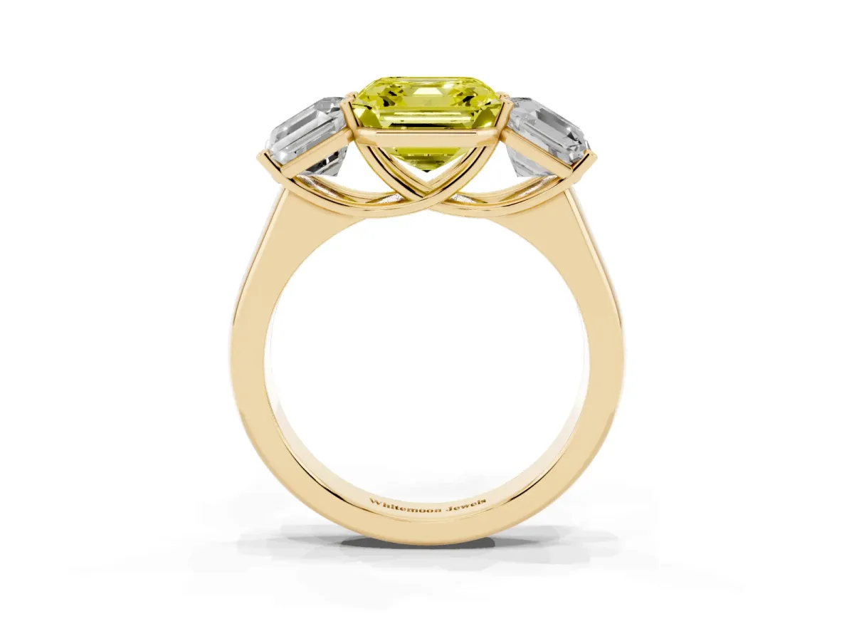 Fancy Yellow Asscher Cut Three-Stone Diamond Ring with Prong Setting on a Classic Band Yellow gold