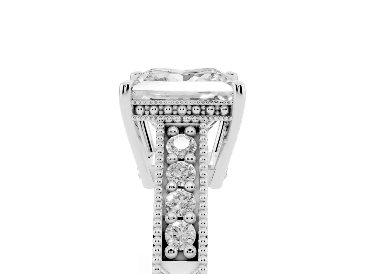 Princess Cut Solitaire Pavé Diamond Milgrain Engagement Ring with Four-Prong Setting Silver