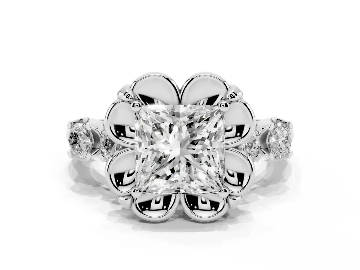 Princess Cut Cut Diamond Floral Halo Engagement Ring with Shared Prong Setting Silver