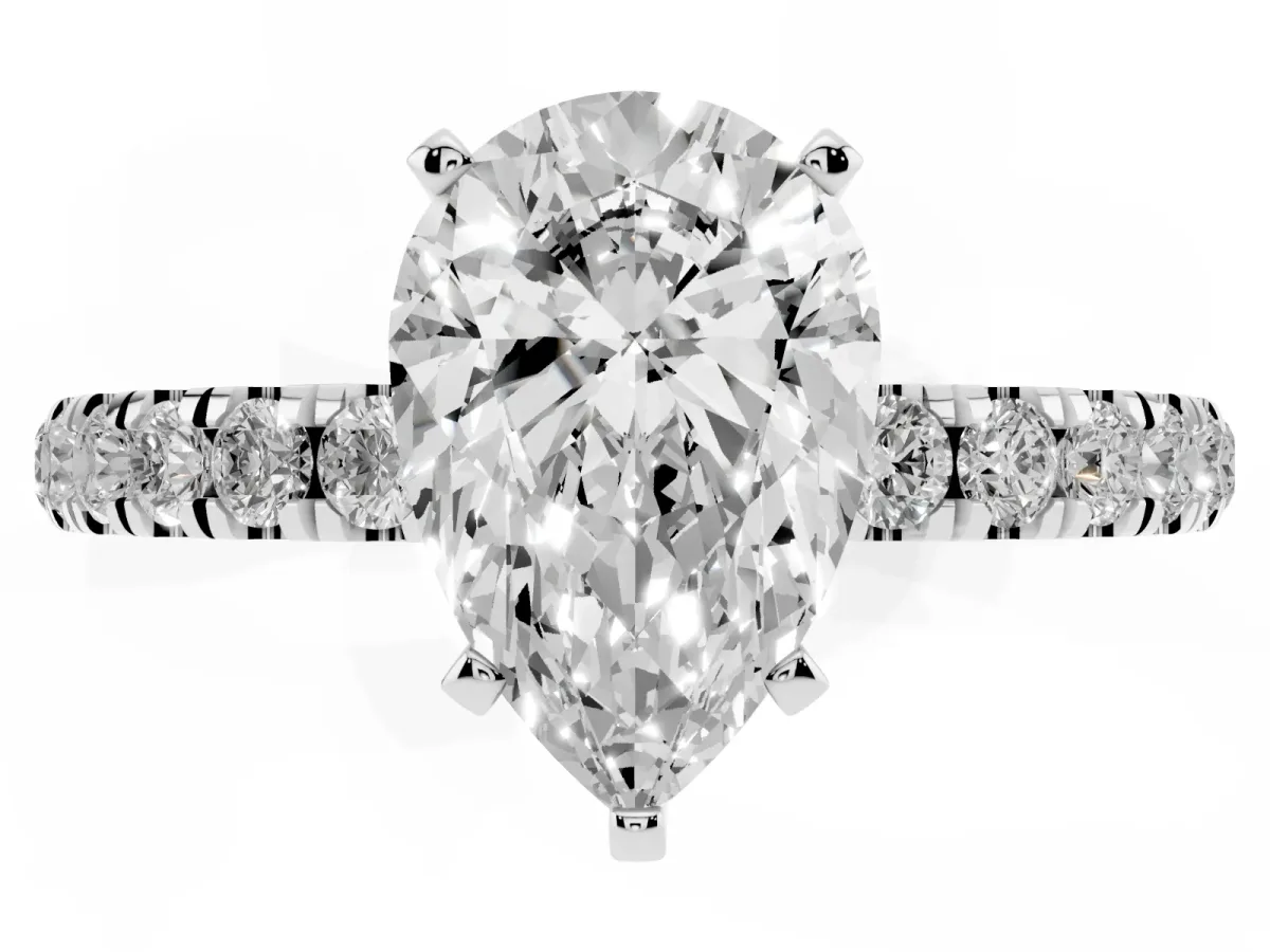 Pear Cut Diamond Solitaire Ring with Pavé Accents and Four-Prong Setting Silver