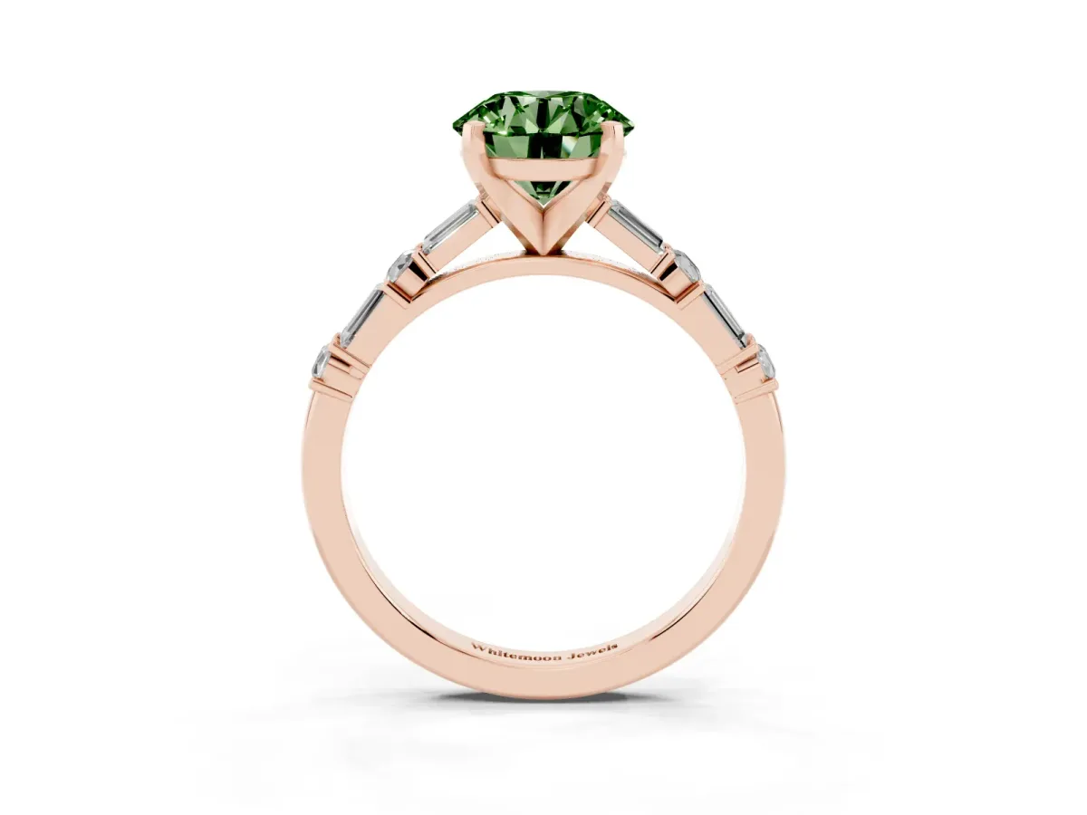 Fancy Green Round Cut Diamond Solitaire with Side Baguettes and Channel Set Band Rose gold