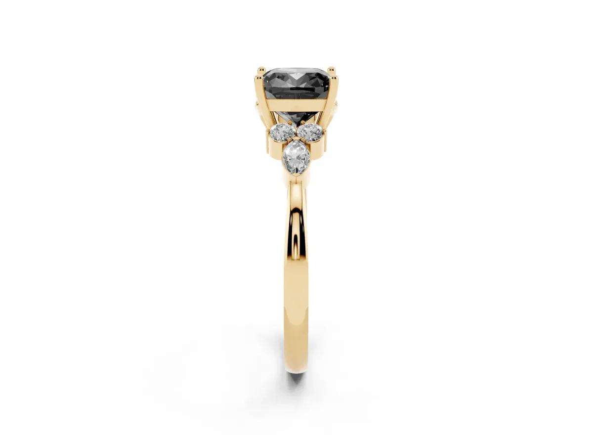 Fancy Black Cushion Cut Brilliant Diamond Solitaire Ring with Pear Side Stones and Four-Prong Setting Yellow gold