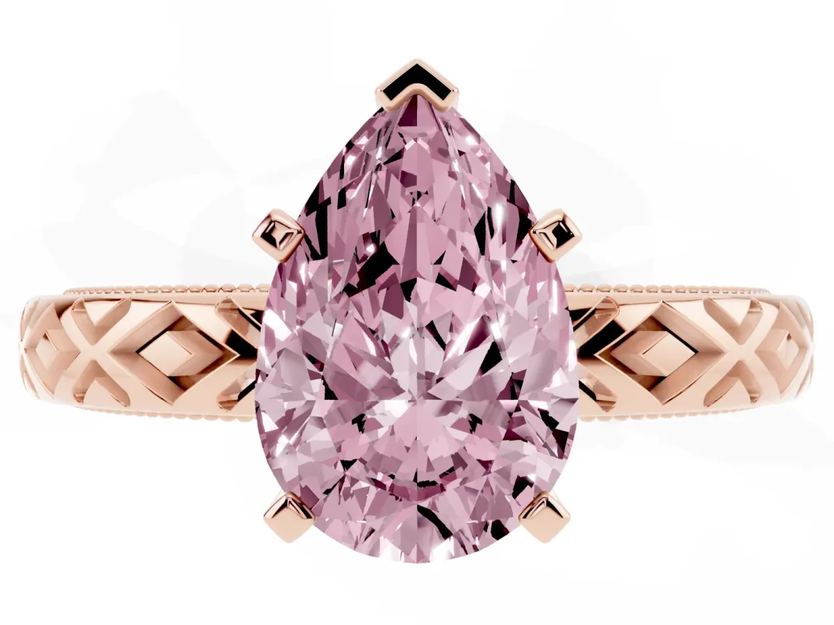 Fancy Pink Pear Cut Solitaire Diamond Ring with Milgrain and Black Enamel X Pattern Band Rose gold