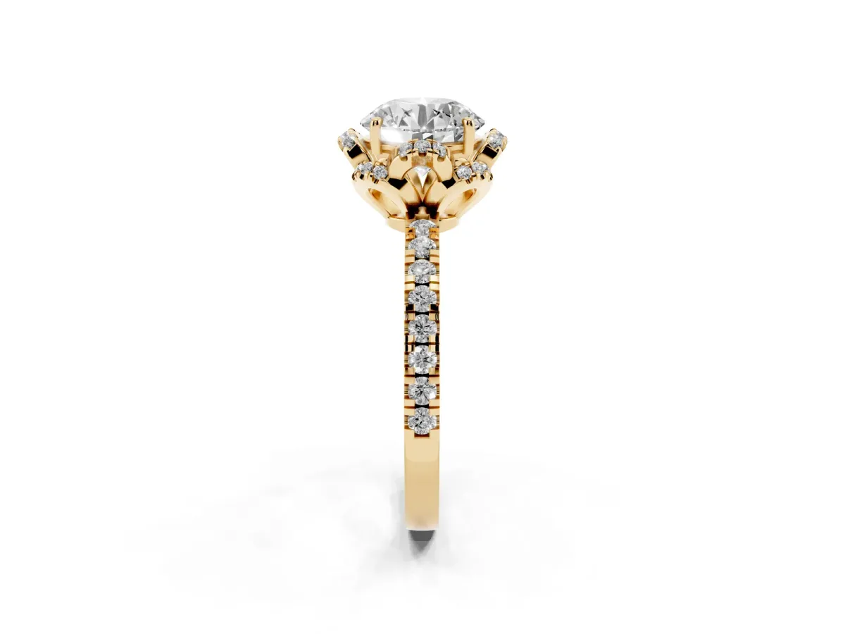 Round Cut Diamond Halo Pave Band with Four-Prong Setting Yellow gold