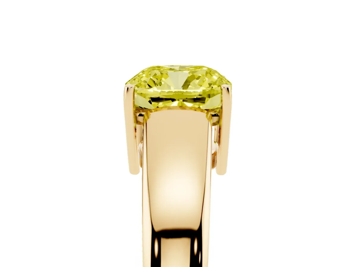 Fancy Yellow Cushion Cut Solitaire Diamond Ring with Tapered Band and Four-Prong Setting Yellow gold