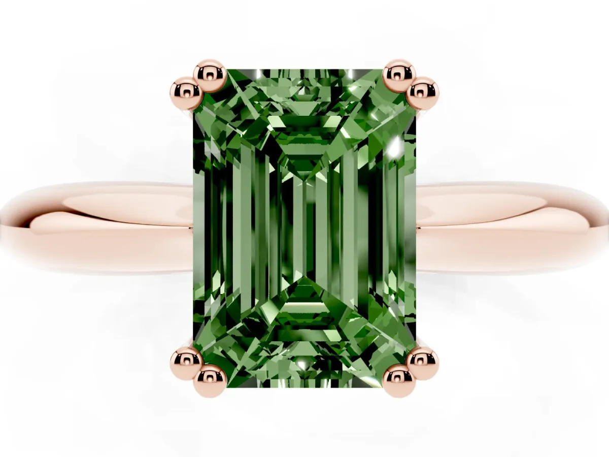 Fancy Green Emerald Cut Cut Solitaire Engagement Ring with Tapered Band and Four-Prong Setting Rose gold