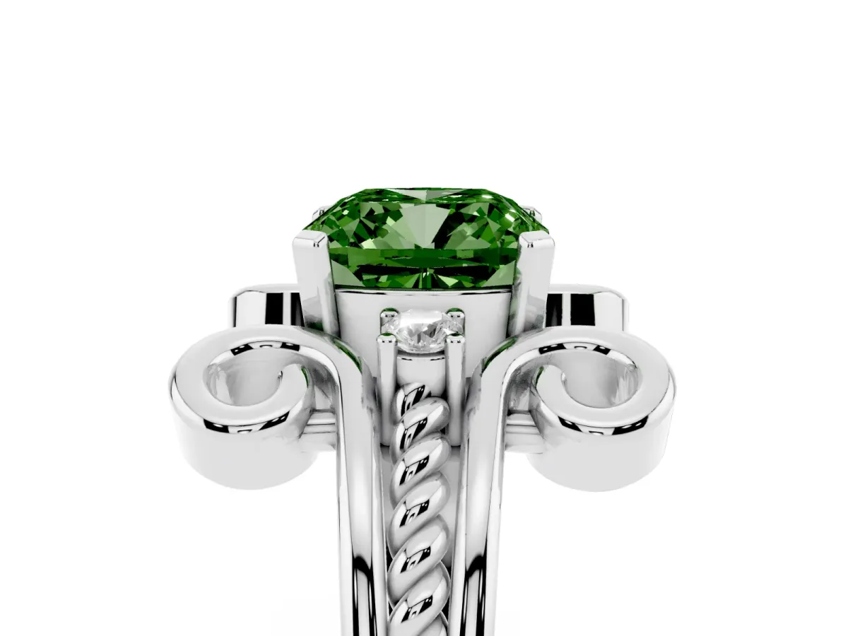 Fancy Green Cushion Cut Solitaire Twisted Band Scroll Prong Ring Silver