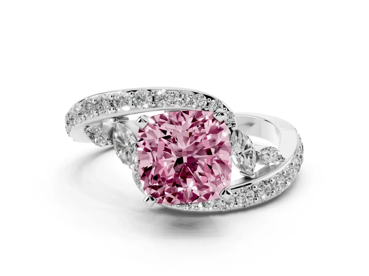 Fancy Pink Cushion Cut Diamond Solitaire Ring with Filigree Band and Four-Prong Setting Silver