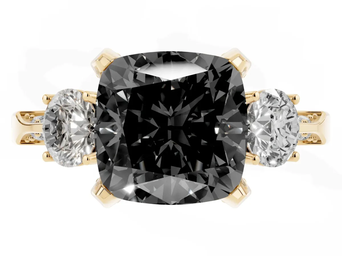 Fancy Black Cushion Cut Brilliant Three-Stone Diamond Ring with Pavé Band and Four-Prong Setting Yellow gold