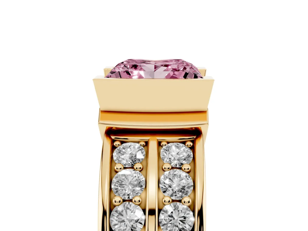 Fancy Pink Princess Cut Brilliant Diamond Channel Set Wide Band Ring with Bezel Setting Yellow gold