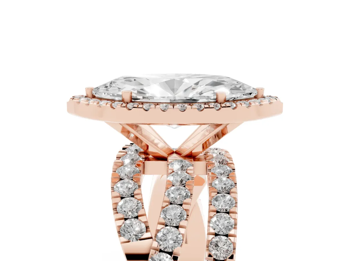 Marquise Cut Diamond Halo Ring with Round Split Shank and Prong Setting Rose gold