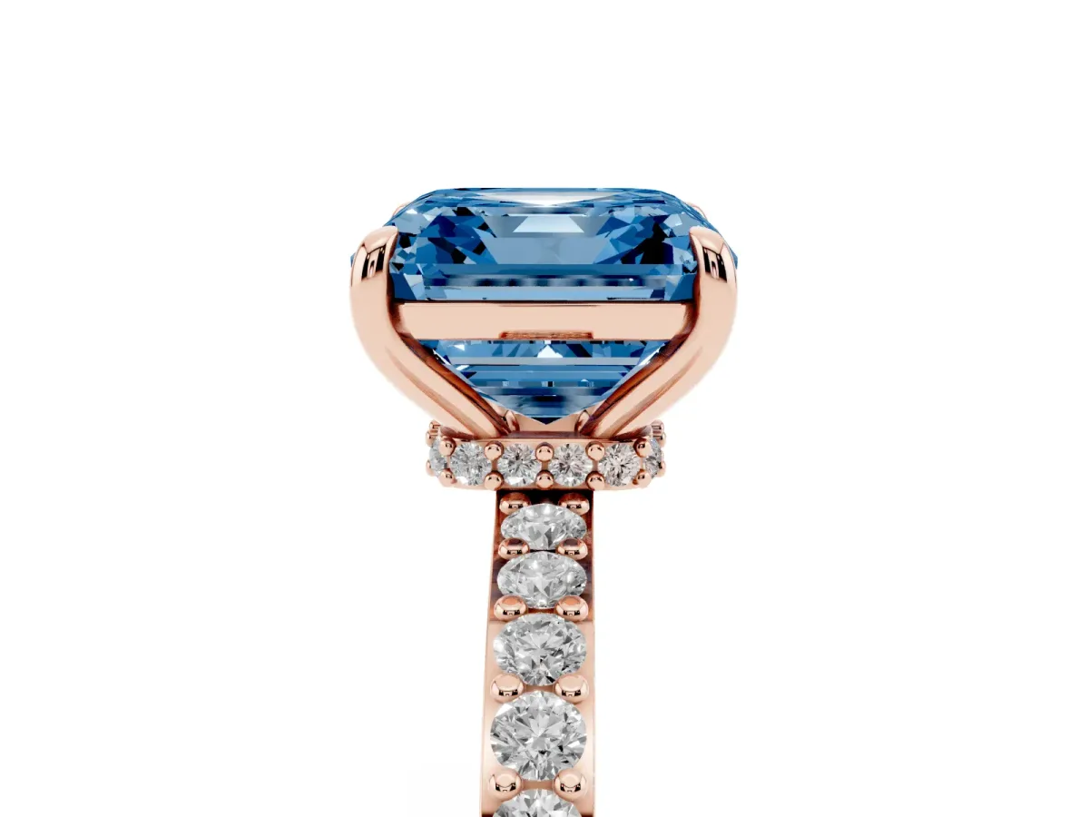 Fancy Blue Asscher Cut Diamond Solitaire Engagement Ring with Pavé Band and Four-Prong Setting Rose gold