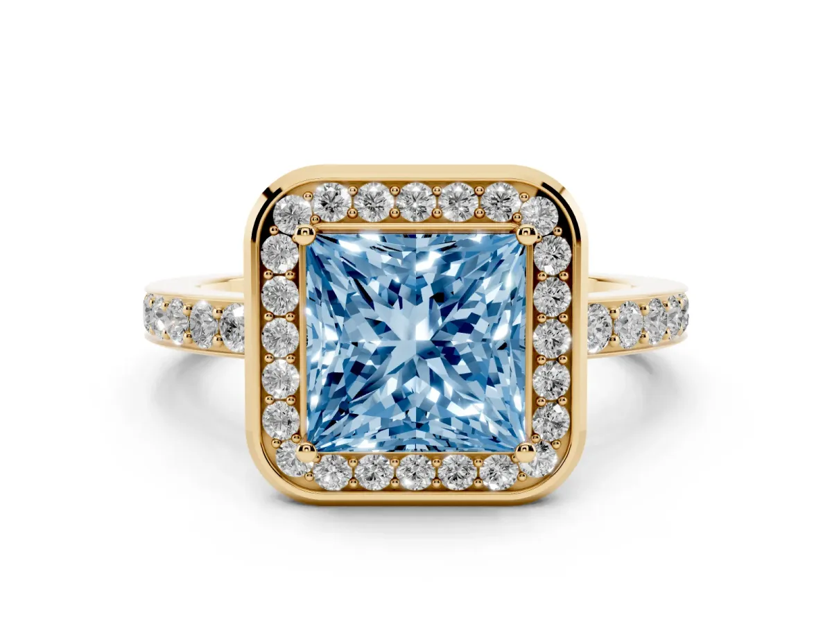 Fancy Blue Princess Cut Diamond Halo Ring with Bezel Frame and Pavé Band Yellow gold