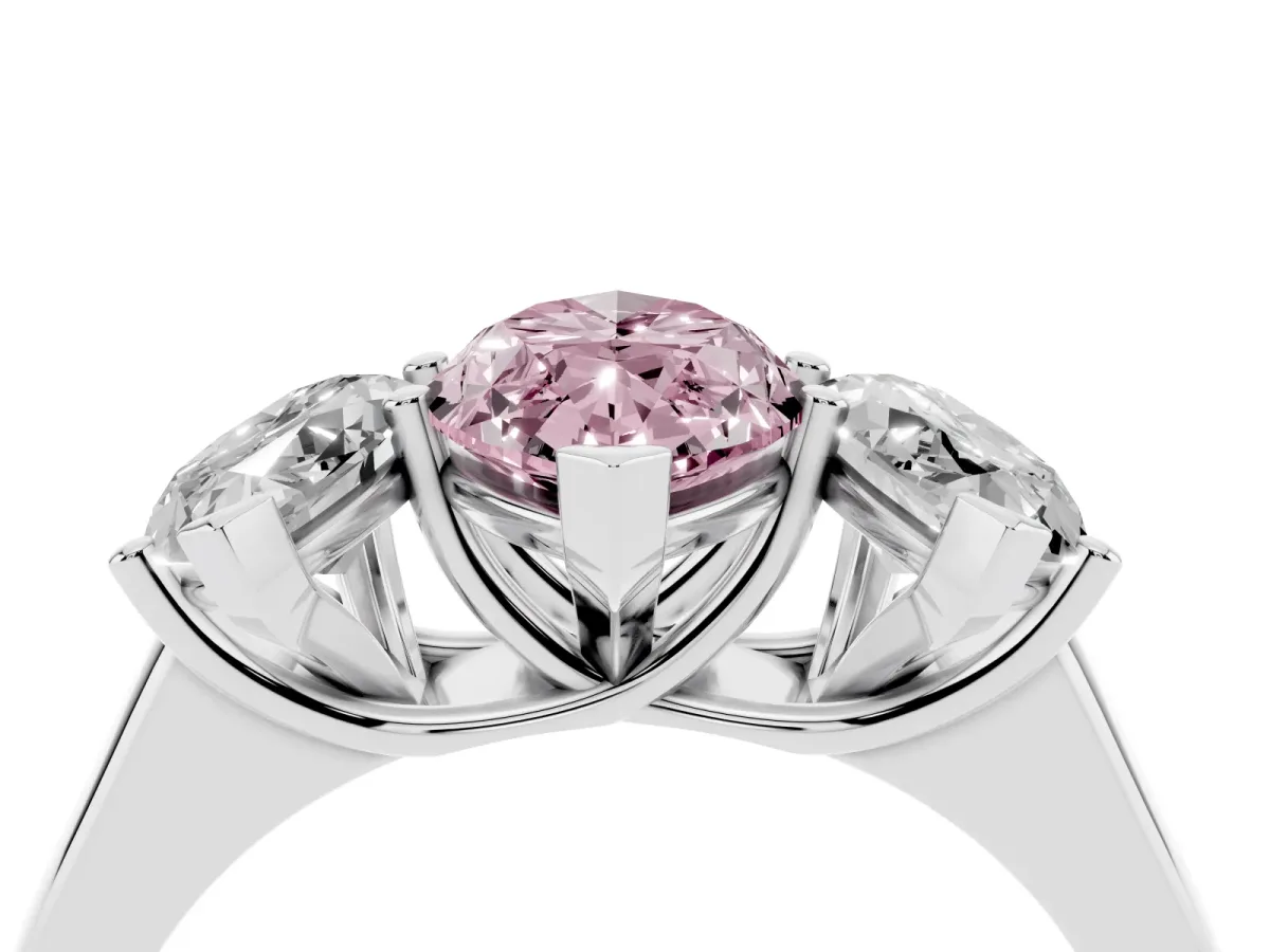 Fancy Pink Marquise Cut Three-Stone Diamond Ring with Prong Setting on a Classic Band Silver