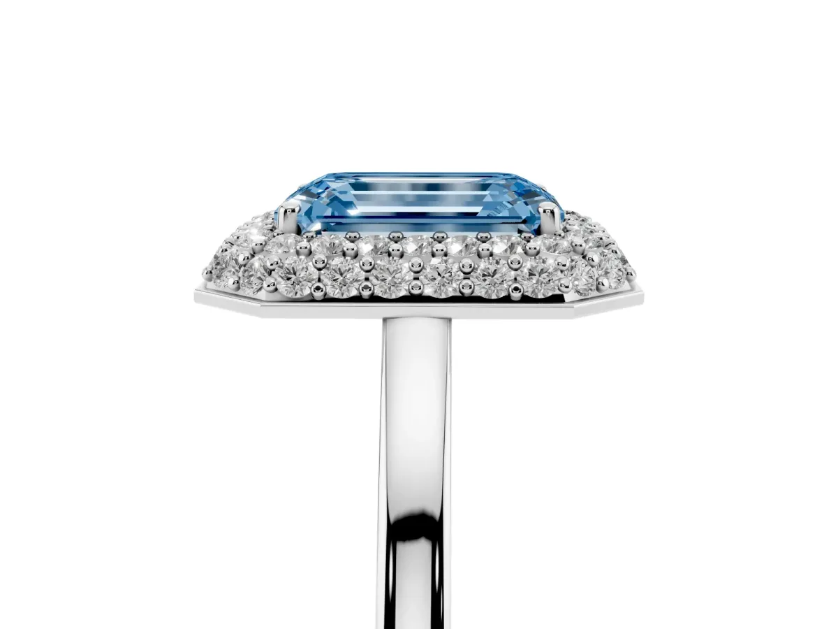 Fancy Blue Emerald Cut Halo Diamond Engagement Ring with Solitaire Band and Four-Prong Setting Silver