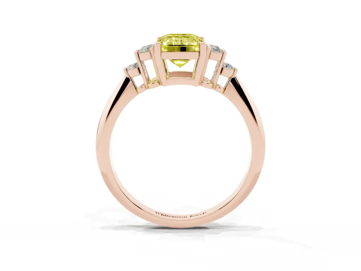 Fancy Yellow Emerald Cut Cut Diamond Cluster Ring with Solitaire Band and Four-Prong Setting Rose gold