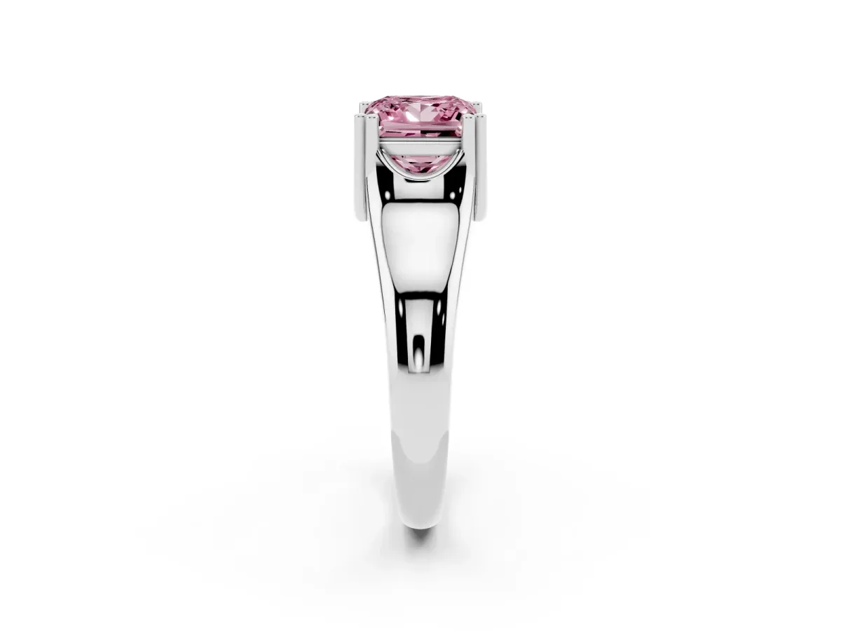 Fancy Pink Princess Cut Diamond Solitaire Ring with Wide Band and Prong Setting Silver