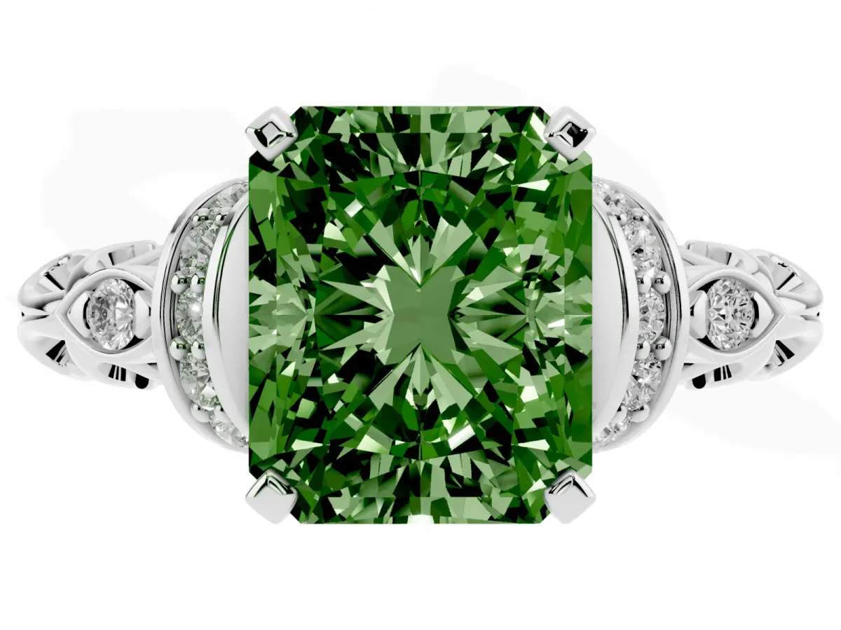 Fancy Green Radiant Cut Diamond Solitaire Ring with Filigree Band and Four-Prong Setting Silver