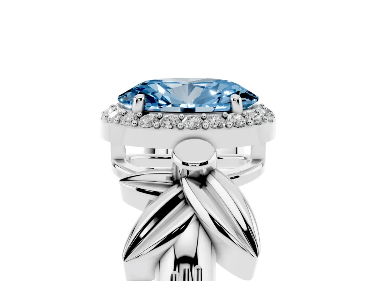 Fancy Blue Oval Cut Halo Diamond Floral Band with Four-Prong Setting Silver