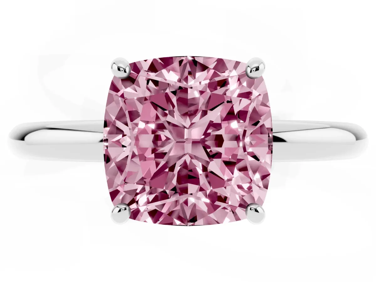 Fancy Pink Cushion Cut Solitaire Diamond Ring with Four-Prong Setting on a Plain Band Silver