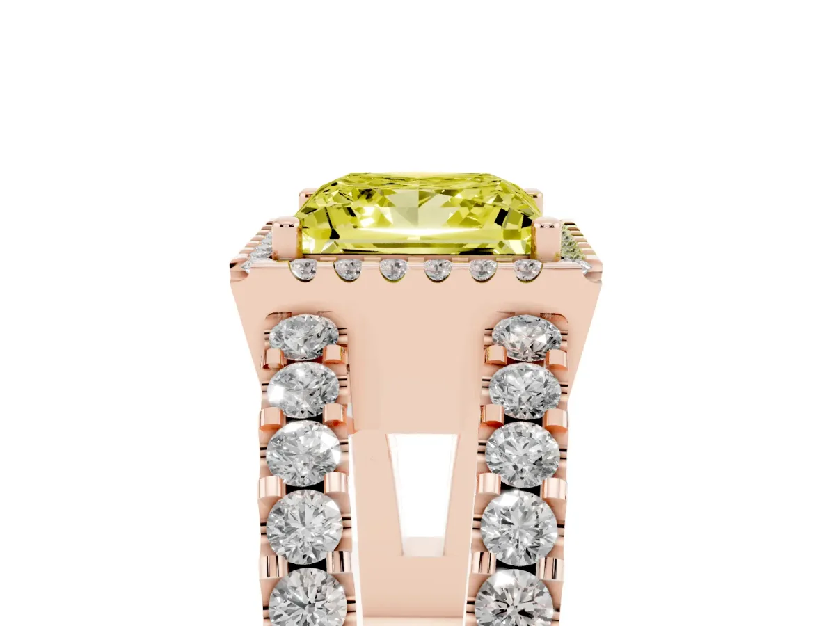 Fancy Yellow Princess Cut Cut Halo Split Shank Diamond Ring with Four-Prong Setting Rose gold