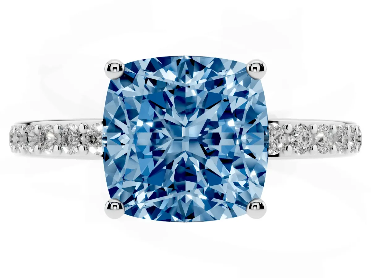 Fancy Blue Cushion Cut Cut Diamond Pavé Band Ring with Four-Prong Setting Silver