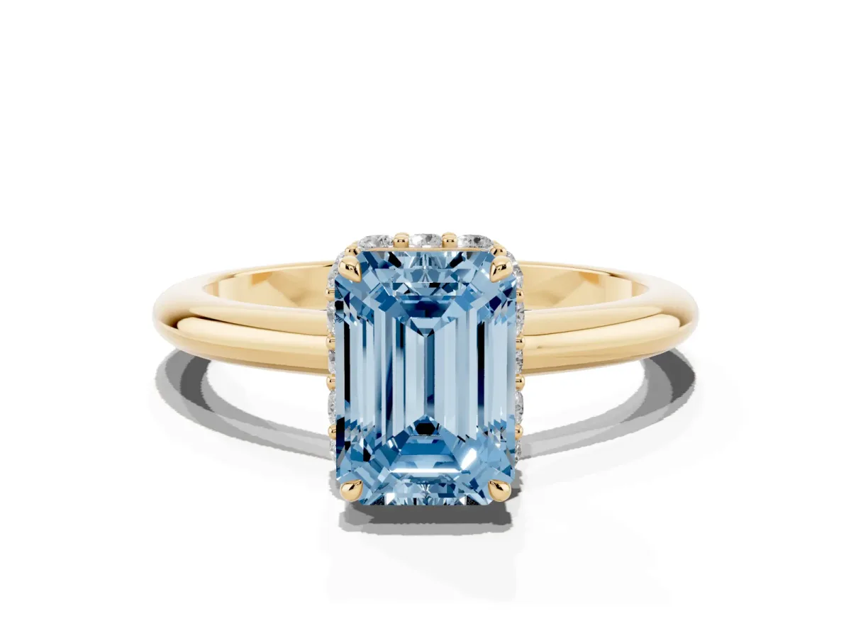 Fancy Blue Emerald Cut Brilliant Solitaire Engagement Ring with Six-Prong Setting and Classic Band Yellow gold