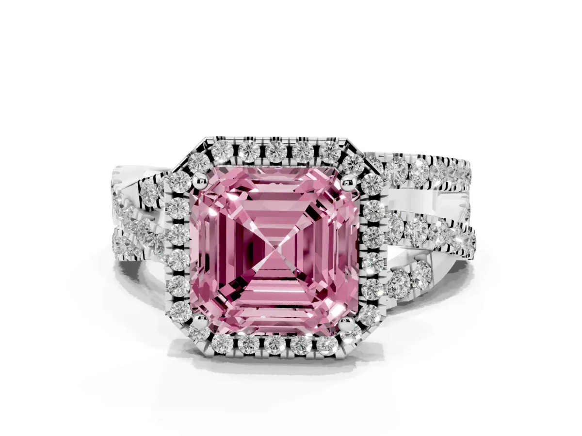 Fancy Pink Asscher Cut Diamond Halo Ring with Round Split Shank and Prong Setting Silver