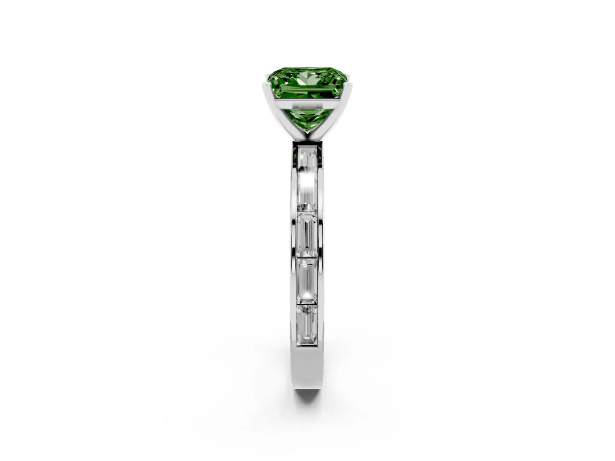 Fancy Green Princess Cut Solitaire Diamond Ring with Channel-Set Baguette Band and Four-Prong Setting Platinum