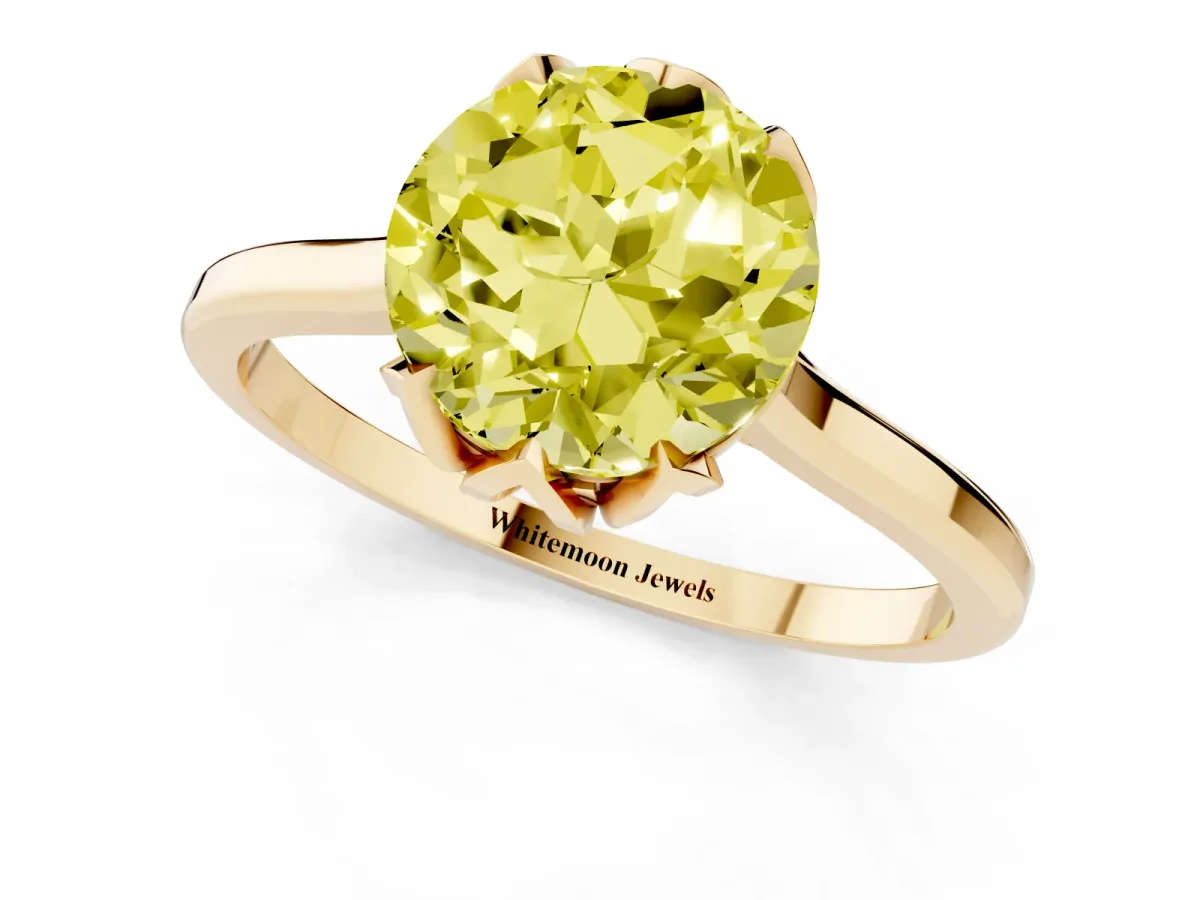 Fancy Yellow Round Cut Diamond Solitaire Ring with Flower Prong Setting and Classic Band Yellow gold