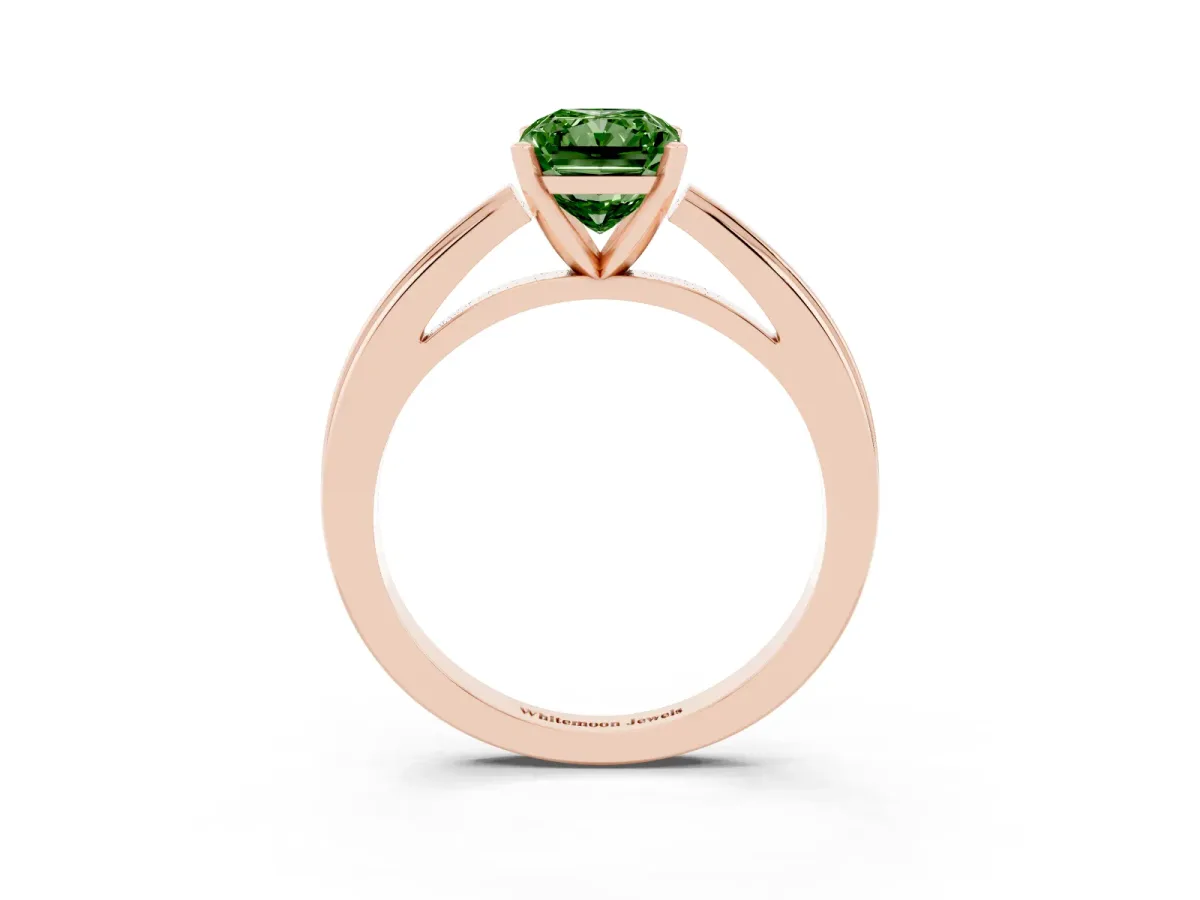 Fancy Green Radiant Cut Solitaire Diamond Ring with Four-Prong Setting and Classic Band Rose gold