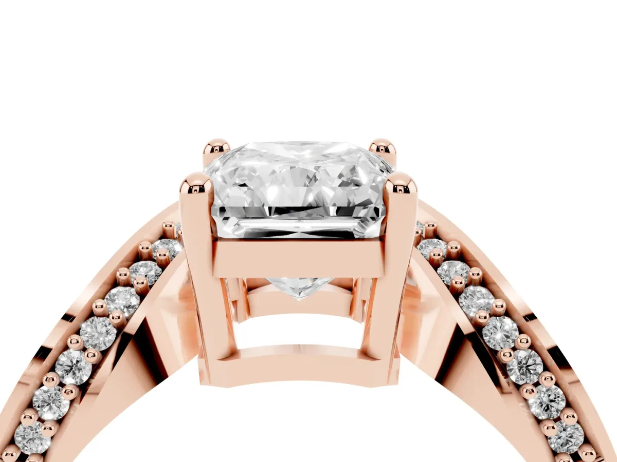 Radiant Cut Solitaire Diamond Engagement Ring with Pave Band and Four-Prong Setting Rose gold