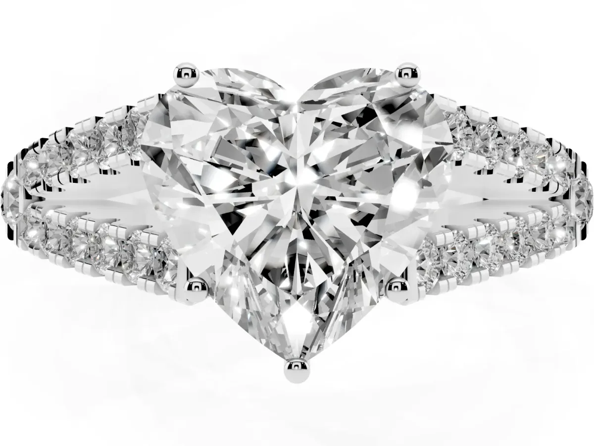 Heart Cut Diamond Split Shank Pavé Engagement Ring with Four-Prong Setting White gold