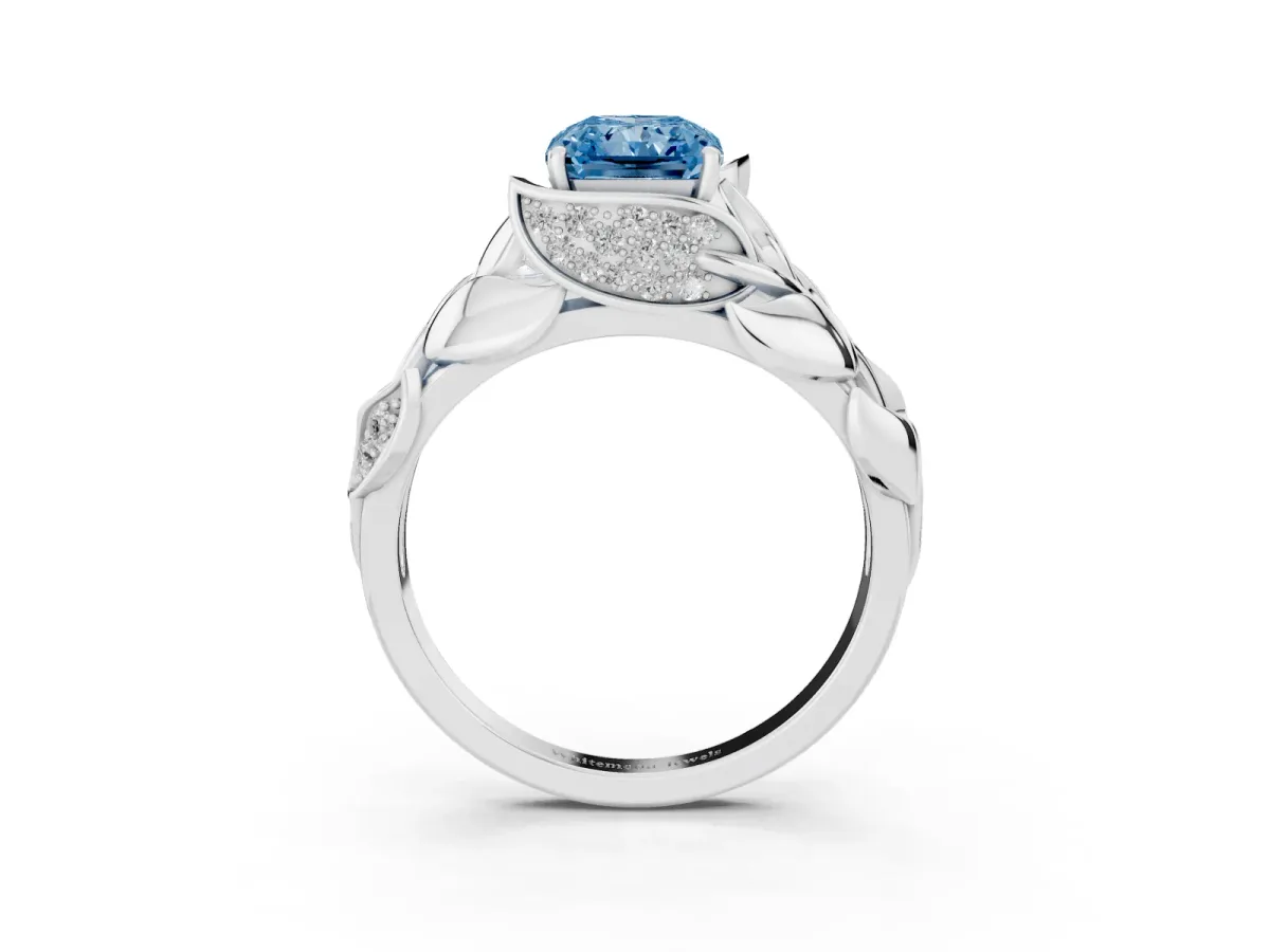Fancy Blue Radiant Cut Diamond Leaf-Inspired Engagement Ring with Round Accents and Prong Setting White gold