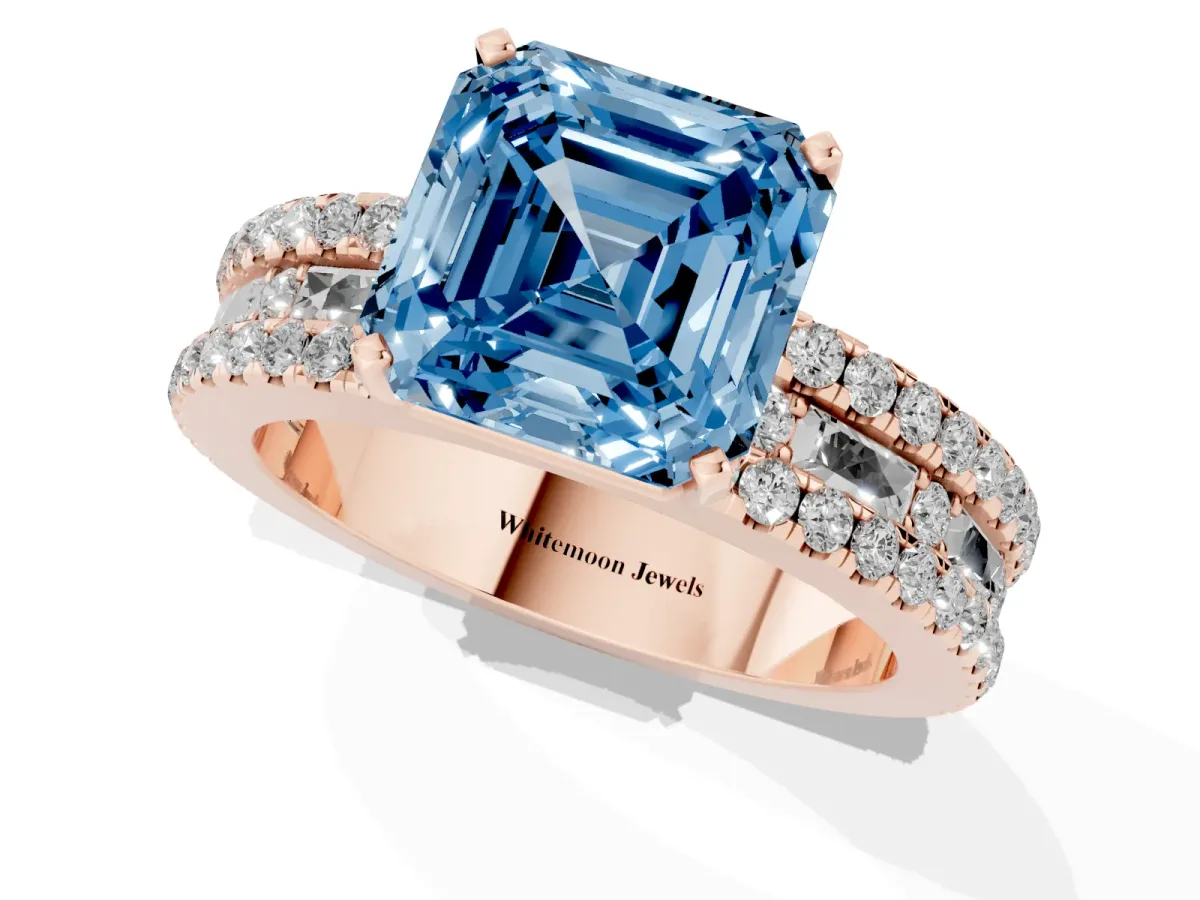 Fancy Blue Asscher Cut Diamond Solitaire Ring with Pavé and Channel Set Band Rose gold