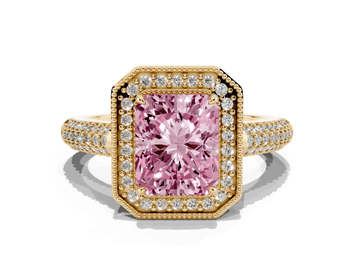 Fancy Pink Radiant Cut Cut Halo Diamond Pave Band with Four-Prong Setting Yellow gold