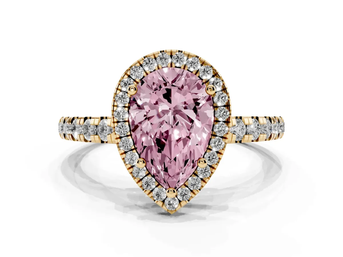 Fancy Pink Pear Cut Diamond Halo Ring with Pavé Band and Four-Prong Setting Yellow gold