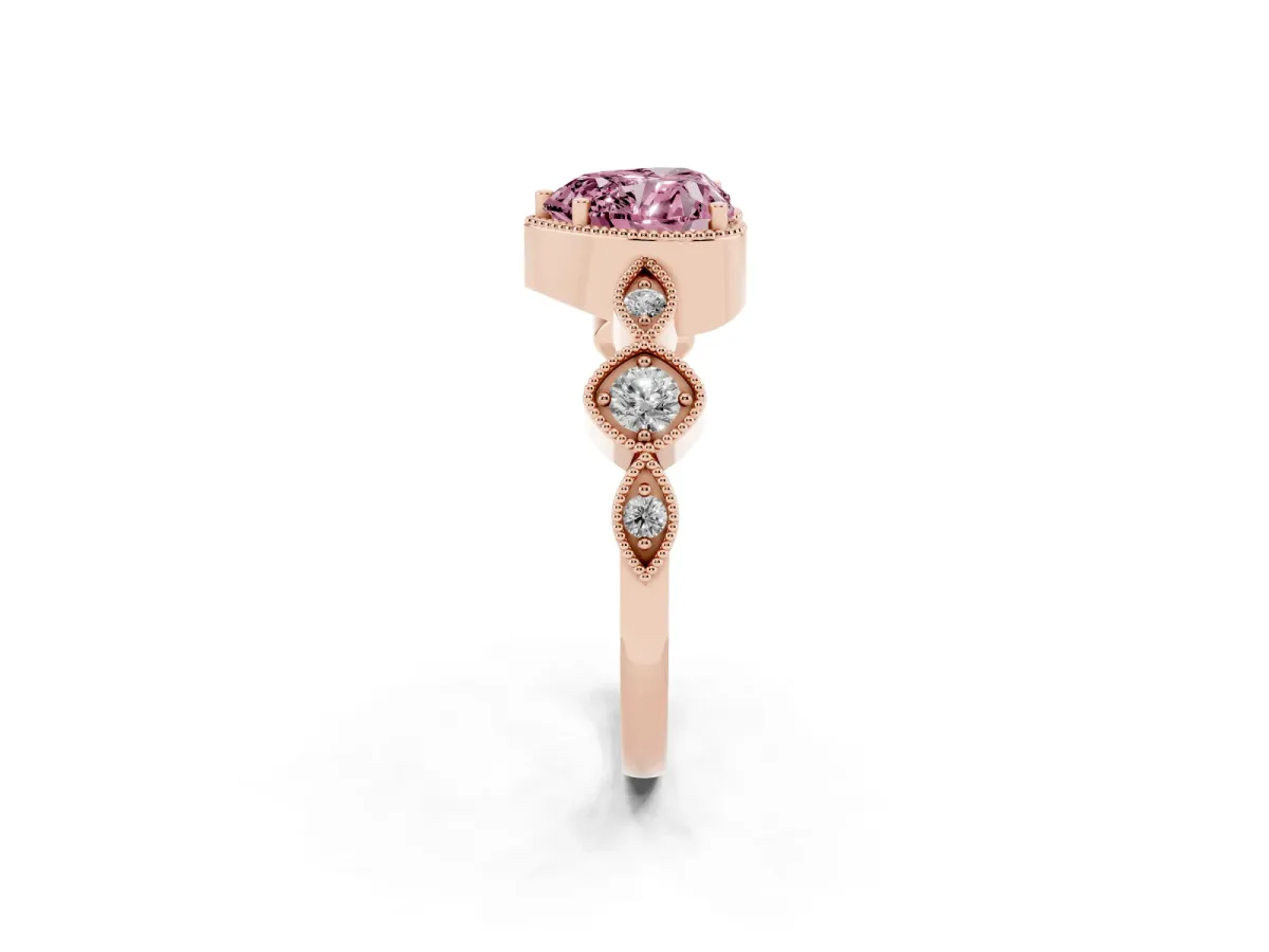 Fancy Pink Heart Cut Diamond Vintage Milgrain Ring with Round Stations Rose gold