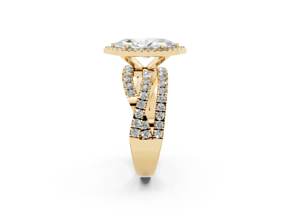 Marquise Cut Diamond Halo Ring with Round Split Shank and Prong Setting Yellow gold