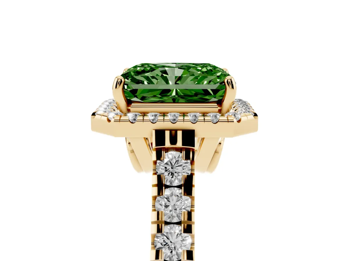 Fancy Green Radiant Cut Halo Pavé Diamond Engagement Ring with Four-Prong Setting Yellow gold